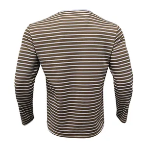Detailed back view of a men's brown and white striped pique fabric long sleeve Henley shirt