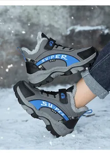Detail of children's winter hiking boots with warm fleece lining and rugged sole.