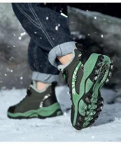 Detailed view of children's warm winter hiking boots with anti-slip soles in snow