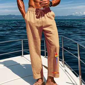 Pantalon décontracté pour homme en coton et lin kaki avec imprimé perroquet coloré
