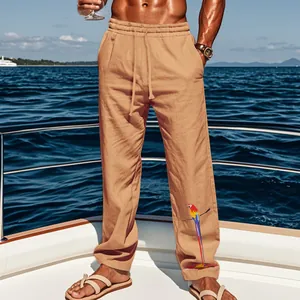 Pantalon décontracté en coton et lin pour hommes avec imprimé perroquet tropical