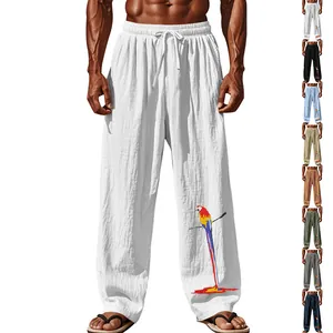 Pantalon en Lin Décontracté pour Hommes Coupe Ample Respirant Imprimé Perroquet Jambe Droite Cordon pour Plage Vacances