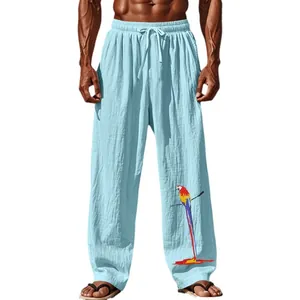 Pantalon décontracté en coton et lin bleu clair pour homme avec imprimé perroquet coloré