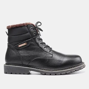 Vue détaillée des bottes d'hiver en cuir noir pour hommes avec doublure en peluche