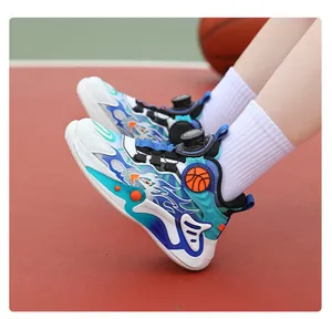 Boys' professional high-top basketball shoes with rotary buckle and vibrant flame pattern