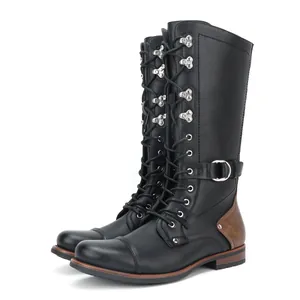 Detailed side view of retro men's black lace-up knight boots with buckle and brown heel
