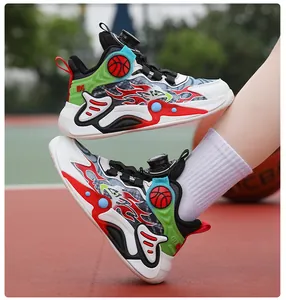 Detail view of children's mesh basketball shoes featuring a unique rotating lace system