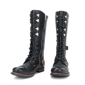 Vintage black men's knee-high motorcycle boots with lace-up and side zipper design
