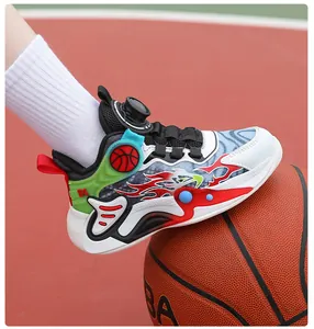 Detail view of kids basketball shoe with quick dial lacing and flame pattern.