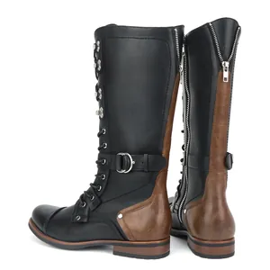 Detailed view of retro men's motorcycle knight boots with back zipper and side buckle