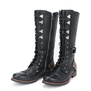 Detail view of men's tall lace-up motorcycle boots with side zipper and metal hardware