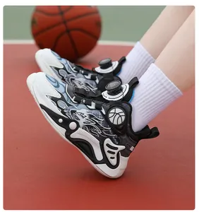 Detail of boys' breathable basketball shoes with innovative rotary buckle lacing