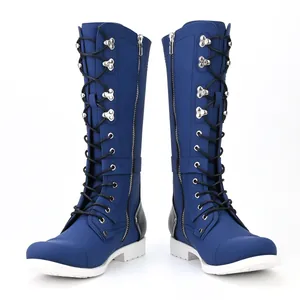 Front view of blue retro men's knight boots featuring lace-up and side zipper design