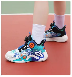 Detailed side view of kids' breathable basketball shoes with flame pattern and dial.
