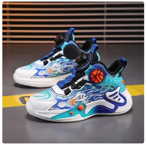 Side view of professional kids basketball shoes with breathable mesh and flame design