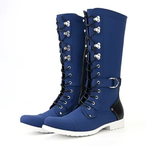 Side view of blue lace-up motorcycle boots with buckle and side zipper details