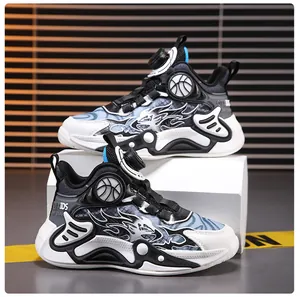 Detail of kids basketball shoes featuring breathable mesh and a rotating buckle system.