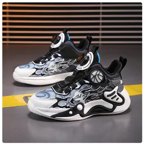 High-quality detail of boys' breathable mesh basketball shoes with flame patterns and dial