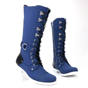 Detailed side view of blue men's retro knight boots with lace-up and buckle details
