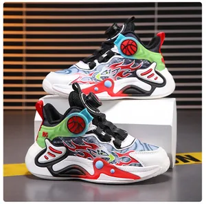 Detailed view of boys' breathable basketball shoes with rotating buckle and flame pattern.