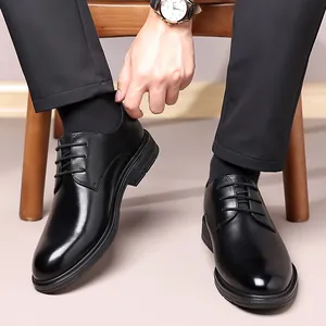 Classic black genuine leather Derby shoes for men's business and formal wear outfits