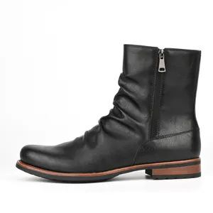 Black men's casual short boots featuring stylish pleats and a functional side zipper.