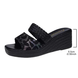 Black wedge sandals with leopard print and braided strap showing 6.5cm heel height