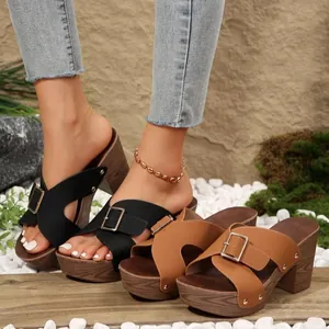 Ciabatte con Tacco Alto da Donna in PU Gomma Platform Tacco Largo Retro Venature Legno Fibbia Cintura Rivetti Sandali Scarpe Casual
