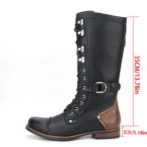 Retro men's black motorcycle knight boots with 35cm shaft and 3cm heel, side view