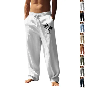 Men Casual Cotton Linen Pants Palm Tree Print Loose Fit Drawstring Waist Breathable Straight Leg Trousers For Vacation