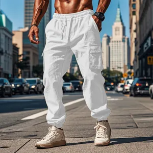White men's cotton linen cargo pants with drawstring waist and jogger cuffs street style