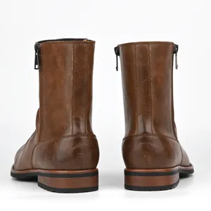 Detailed rear view of brown casual men's boots featuring dual functional side zippers