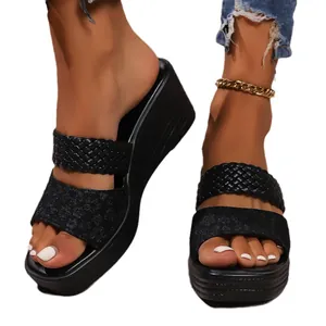 Stylish black summer platform wedge sandals with braided and leopard print straps for women