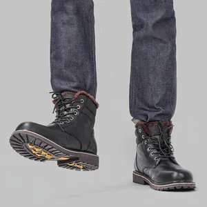 Bottes d'Hiver pour Hommes en Cuir de Vachette Fleur Bottes de Neige Doublées Polaire Chaussures de Randonnée en Plein Air