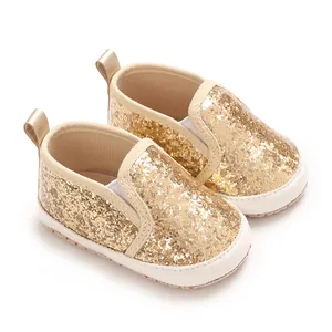 Premium sparkly gold glitter baby pre-walker shoes with soft PU soles for infants