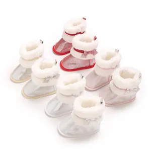 Collection of baby girl winter boots with fluffy trim and sparkly finish in various colors