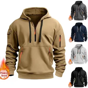 Men's Fleece Lined Half Zip Hoodie Pullover Multi Pockets American Casual Outdoor Hooded Jacket Techwear Solid Color Sportswear