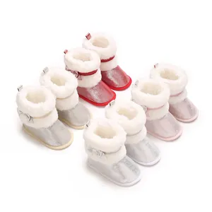 Infant Baby Girl Winter First Walker Shoes Soft Sole Toddler Snow Boots Artificial Fur Bowknot Cotton Sparkly Shoes