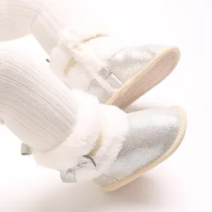 Cute silver baby girl winter boots with white faux fur trim and soft non-slip soles