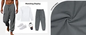Close-up of grey cotton fabric texture and men's cargo pants outfit display