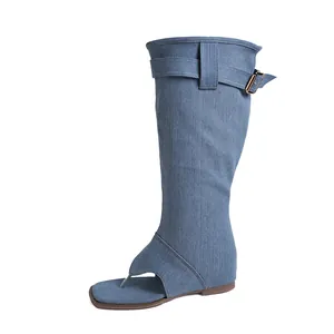 Modische Damen Denim-Zehentrenner-Stiefel mit quadratischer Spitze und Schnallengürtel