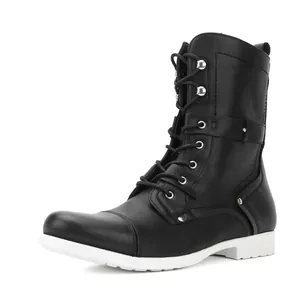 Bottes de Cavalier en Cuir PU Rétro pour Hommes Bottes de Motard Mi-Mollet Fermeture Éclair Latérale à Lacets avec Sangle à Boucle