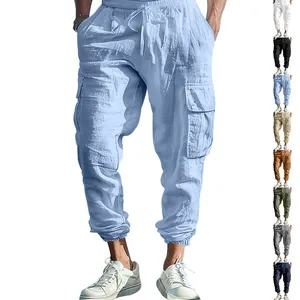 Men's loose cotton-linen cargo pants with drawstring and multi-pockets in light blue