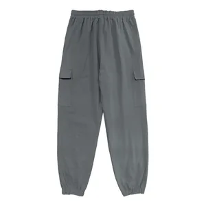 Rear view of grey men's cotton linen cargo pants with elastic jogger cuffs