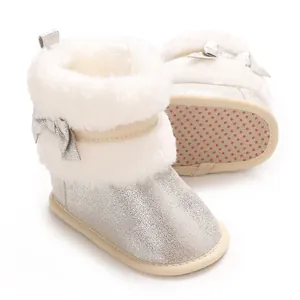 Sparkly silver baby girl winter boots with white faux fur trim and anti-slip soft sole