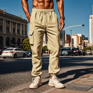 Close-up detail of the waist drawstring and pockets on men's beige cotton cargo pants