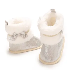 Sparkly silver winter baby boots with white faux fur and bow for 0-1 year infant girls