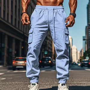 Men's light blue cargo jogger pants featuring drawstring waist and multiple side pockets.