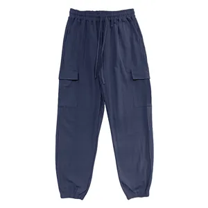 Front view of men's navy blue cotton linen cargo pants with drawstring and pockets