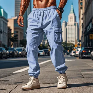 Men's Casual Cotton Cargo Pants Thin Breathable Multi Pocket Drawstring Joggers Sweatpants Loose Fit Solid Color Bottom